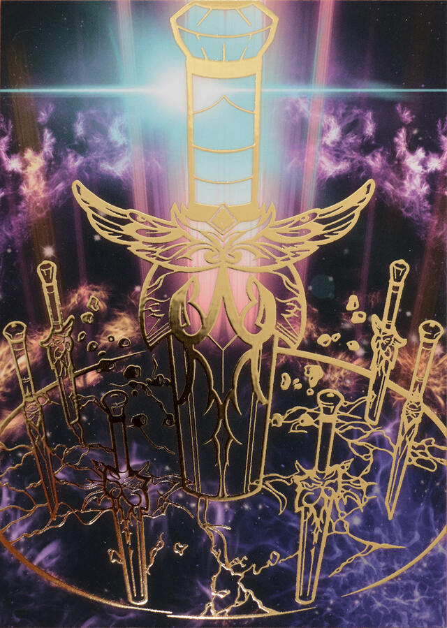 Dark background with purple lightning. The gold foil is of multiple swords half-buried in the ground.