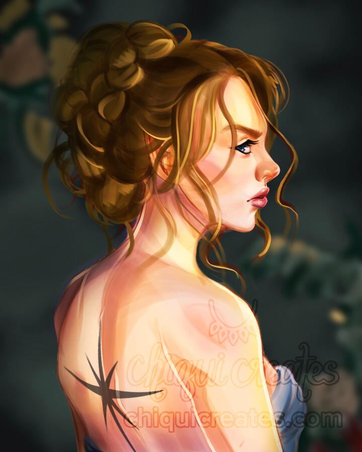Nesta Archeron from ACOTAR is in mid-turn with her back facing us. Her hair is up in a braided bun and there is an eight point star tattooed on her back.