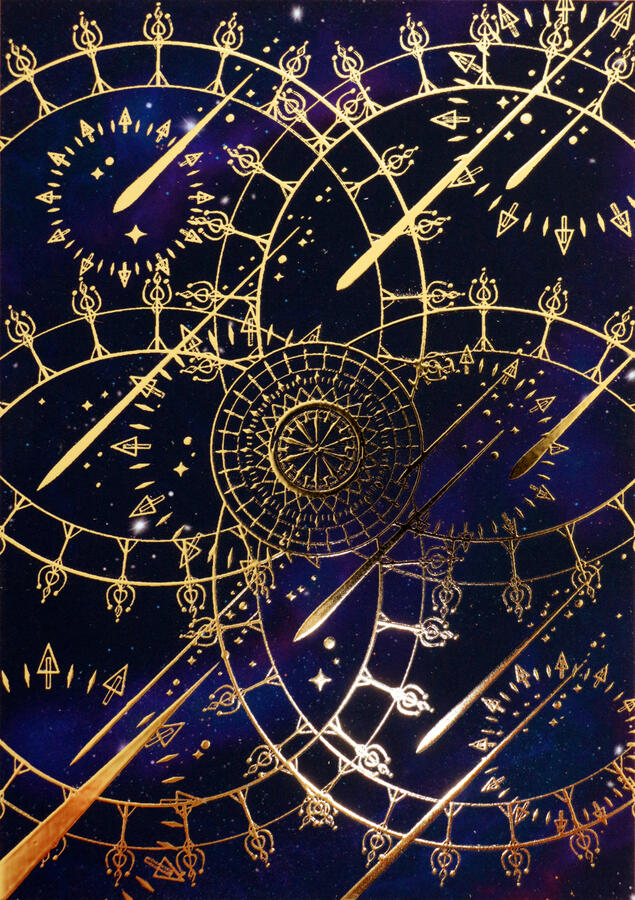 Gold foil design of a complex circular pattern with shooting stars and a dark purple and blue celestial background.