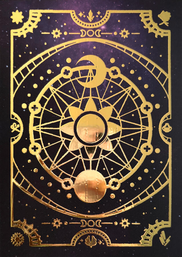 Gold foil print against a purple galaxy background. The abstract foil print features a moon, sun, and stars. There are also the four symbols of the FFXIV Astrologian cards on all four corners.