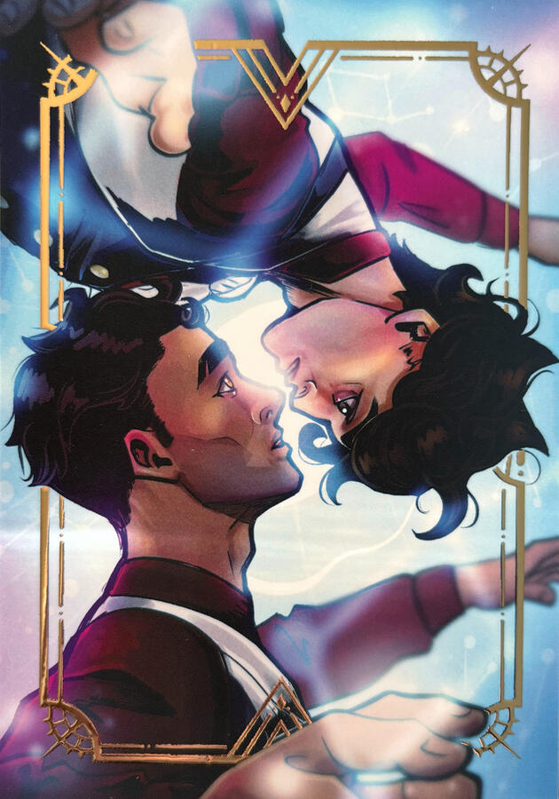 Fanart of Jayce and Viktor from Arcane. Jace is looking up at an upside-down Viktor and both of them are floating. There is a gold foil frame detailing around them.