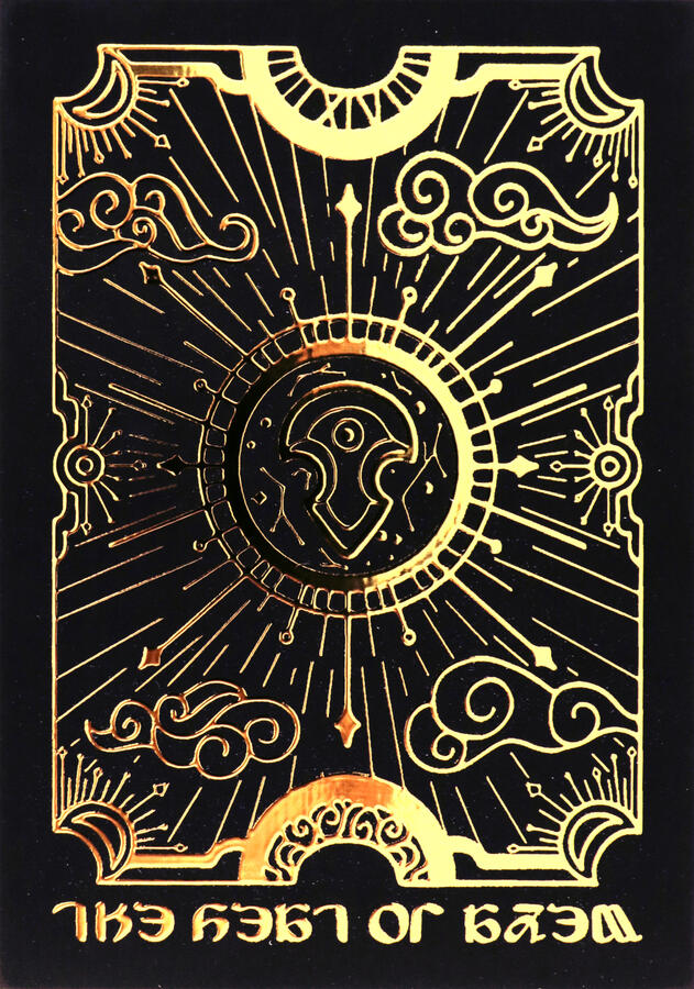 Gold foil print pattern with clouds, sunrays, and a magical stone in the middle. The bottom text is Eorzean for The Seat of Azem.