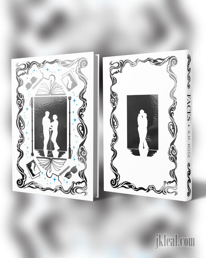 Black foiled cover for Faces By AM Rose. The front shows a silhouette of two men, one with a cane, while the back shows the same two men hugging each other. They are surrounded by a frame with hidden face shapes, as well as books, cane, portrait art on pap