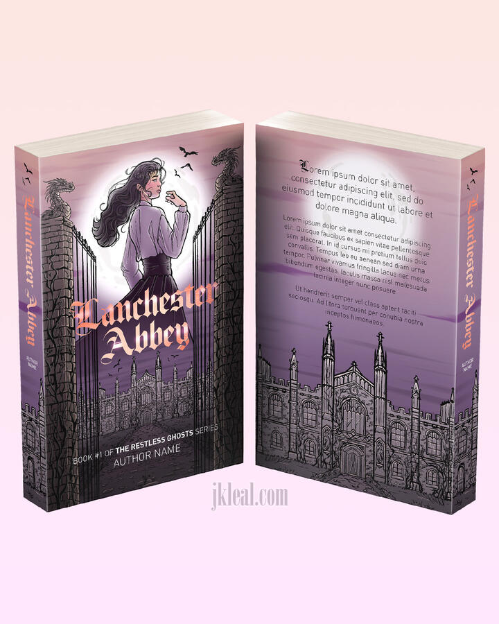 A book cover with an East-Asian woman in front of a full moon. Below her is a decrepit castle or abbey, and she is flanked by two columns and an open gate. The text in front and spine reads Lanchester Abbey, Author name. The back has placeholder text.