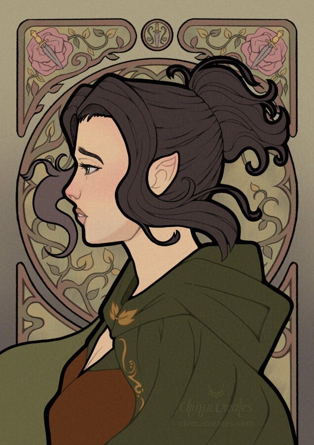 Elf woman looking to one side with a sad expression on her face. Her hair and cape are being blown by the wind.