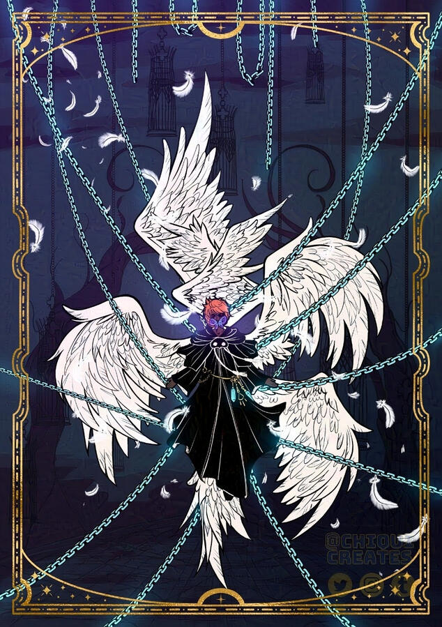 Erichthonios from FFXIV chained in place. He has seven wings coming from behind him. In the background is Pandaemonium. A gold frame lines the piece.