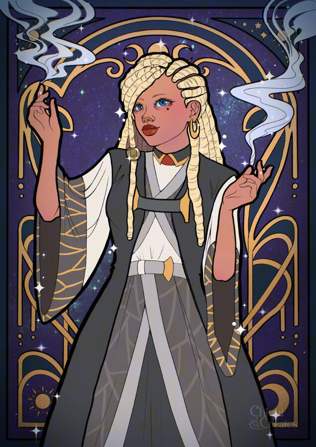 Woman with blonde hair in protective style, with grey robes and magic wisps coming out of her fingers.