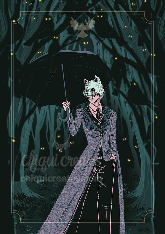 The bone warden is wearing a white half-wolf mask and smiling. He is holding an open umbrella and is standing in the middle of a forest with birds with glowing eyes on the tree branches.