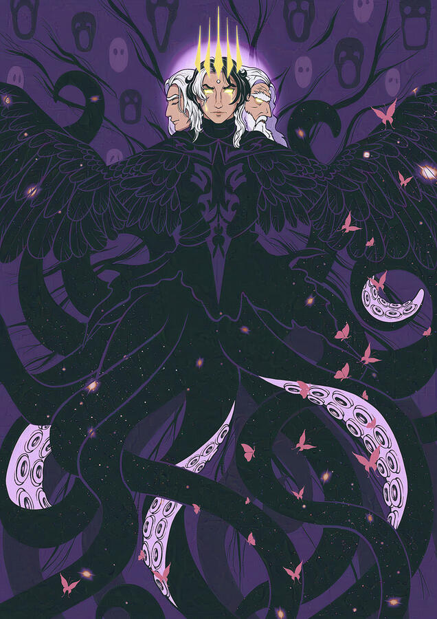 Three-headed Emet-Selch from FFXIV. Heads from left: Young hades, Emet as middle-aged Solus, and Emet as old Solus. He is wearing an ascian outfit. His hands are wings, and tentacles are coming out from underneath him.