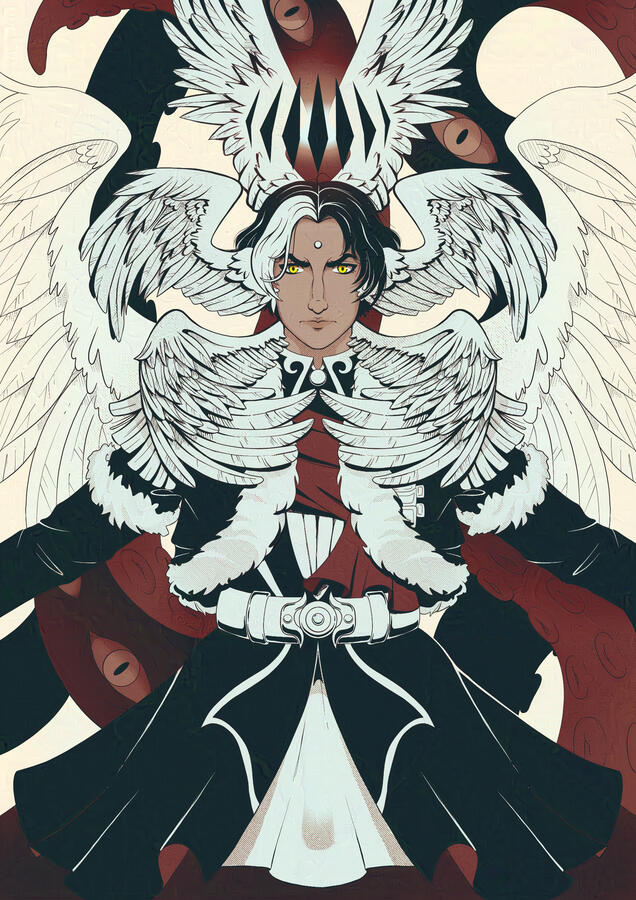 The character Emet-Selch from FFXIV with wings coming out of his neck, head, and back. There are tentacles with eyes behind him.