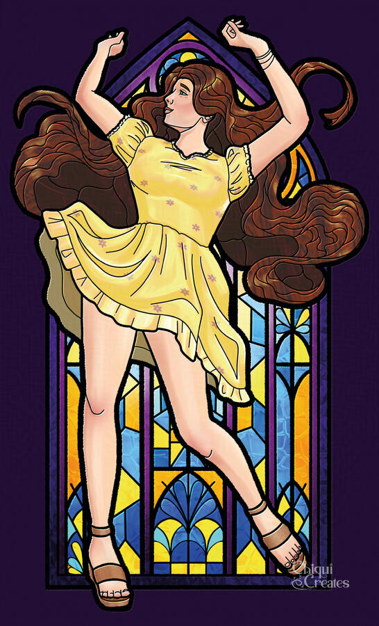 Brunette woman in mid-dance behind a yellow and blue colored stained glass window. The artwork is done in a stained glass style.