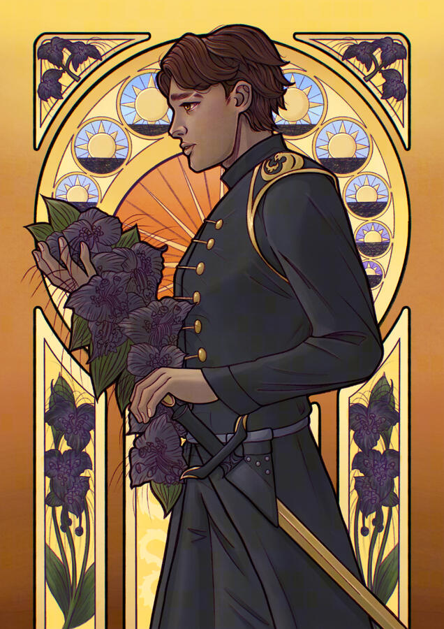Varic is wearing a black uniform with gold highlights, with a dragon pattern on the sleeve. He his holding a black bat flower bouquet. The background features a setting sun and more bat flowers. This is the yellow background version.