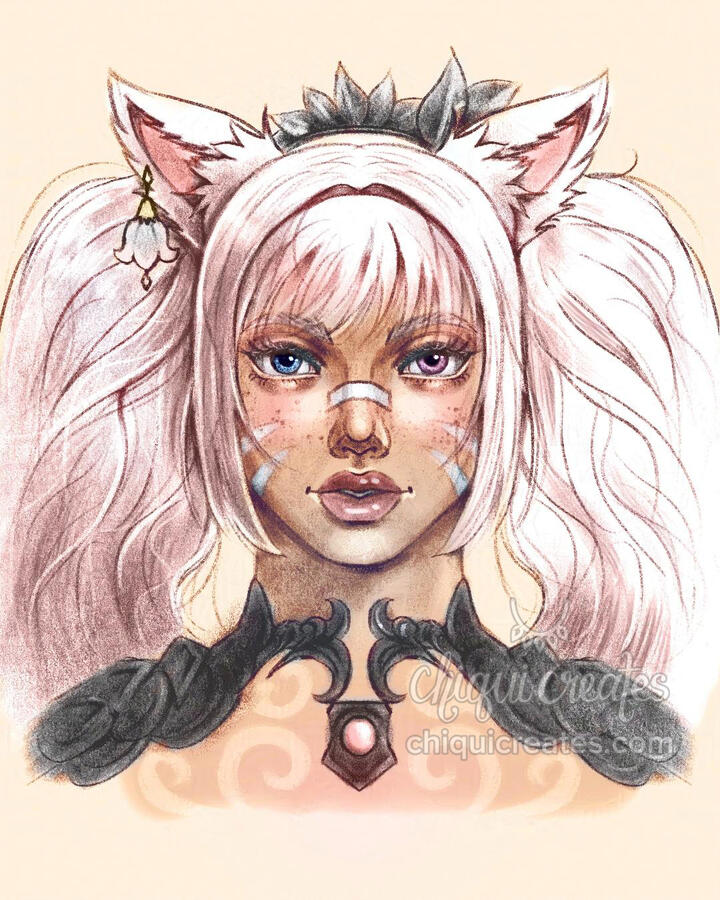 Portrait of my pink-haired catgirl. She has one blue eye and one purple eye and has pink and white hair. She is wearing black armor and has a floral earring.
