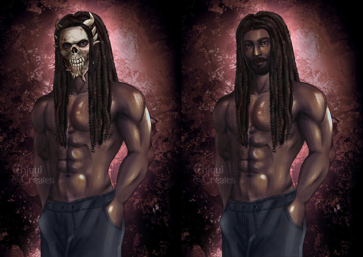 A black shirtless man with long dreads and hands in his pockets. He is wearing a horned mask on the left. On the right is his unmasked face. he has a beard and moustache.