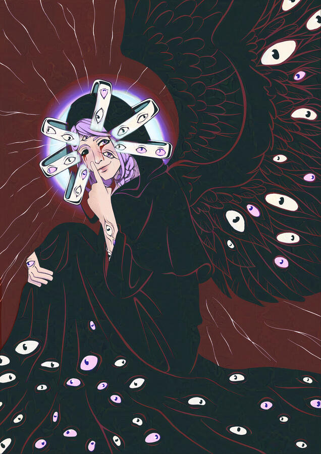 Hythlodaeus from FFXIV with three eyes on his face and rings with eyes circling his head. He has wings with eyes on his back and his robes also have eyes on them.
