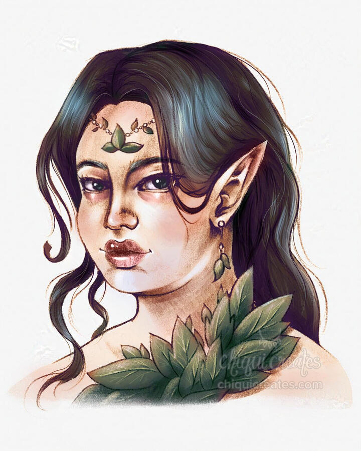 Portrait of a dark haired elf with a tiara made of leaf, leaf earrings, and a one-shoulder leaf dress.