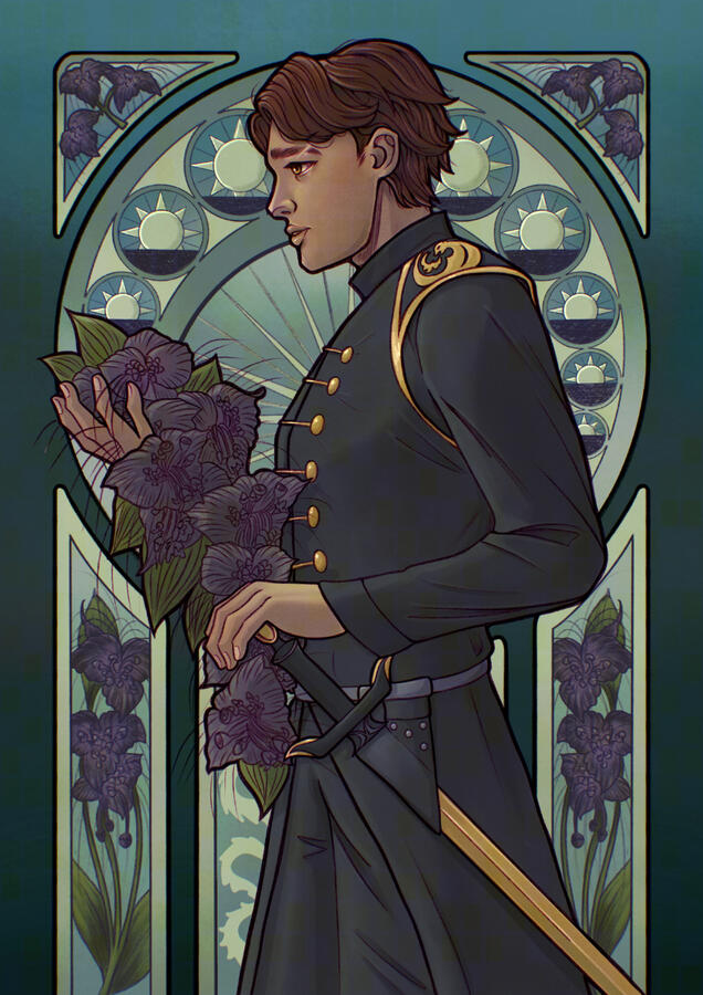 Varic is wearing a black uniform with gold highlights, with a dragon pattern on the sleeve. He his holding a black bat flower bouquet. The background features a setting sun and more bat flowers.