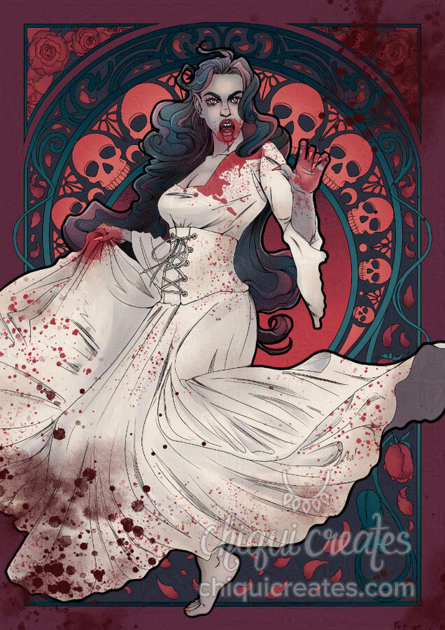A pale, grey skinned vampire lady wearing an off-white, bloodied and dirty gown and baring her bloodied fangs. Behind her is a detailed abstract background with skulls and roses.