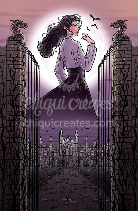 A purple and brown illustration with an East-Asian woman in front of a full moon. Below her is a decrepit castle or abbey, and she is flanked by two columns and an open gate.