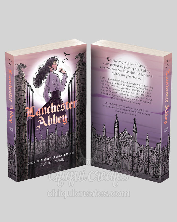 A book cover with an East-Asian woman in front of a full moon. Below her is a decrepit castle or abbey, and she is flanked by two columns and an open gate. The text in front and spine reads Lanchester Abbey, Author name. The back has placeholder text.