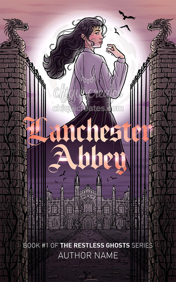 A purple and brown illustration with an East-Asian woman in front of a full moon. Below her is a decrepit castle or abbey, and she is flanked by two columns and an open gate. The reads Lanchester Abbey, Author Name.