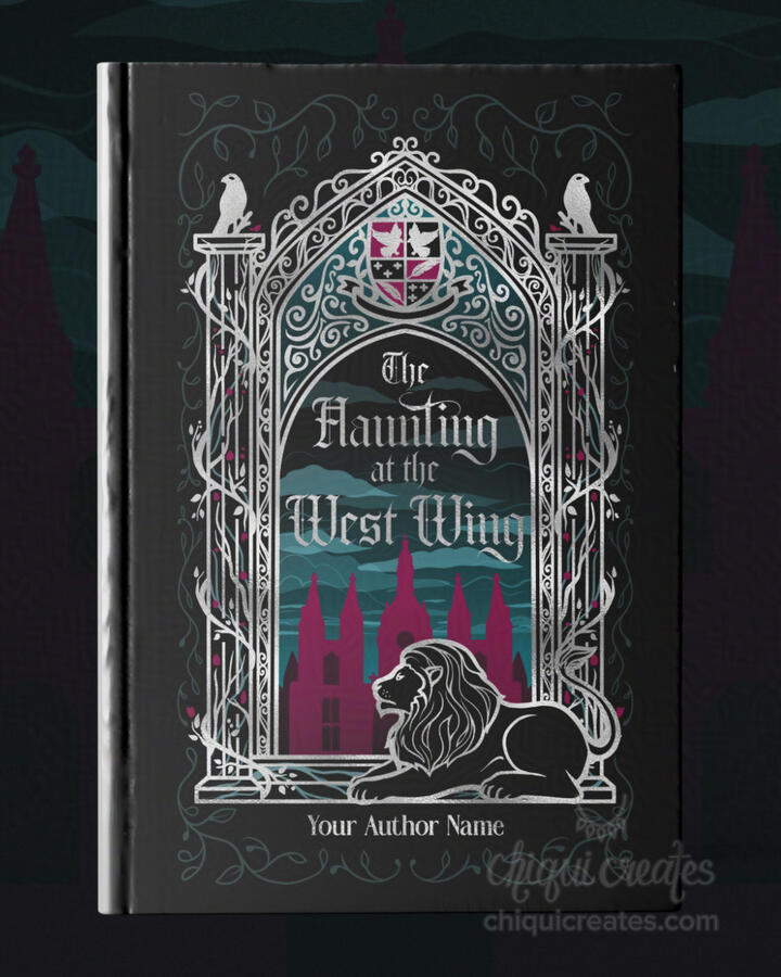 Dark academia themed book cover premade mockup. There is a castle, abbey, or old tower in red with green sky and clouds behind it. The placeholder text on top reads "The Curse of Damien Hall". The image is surrounded by a silver arc with a coat of arms in