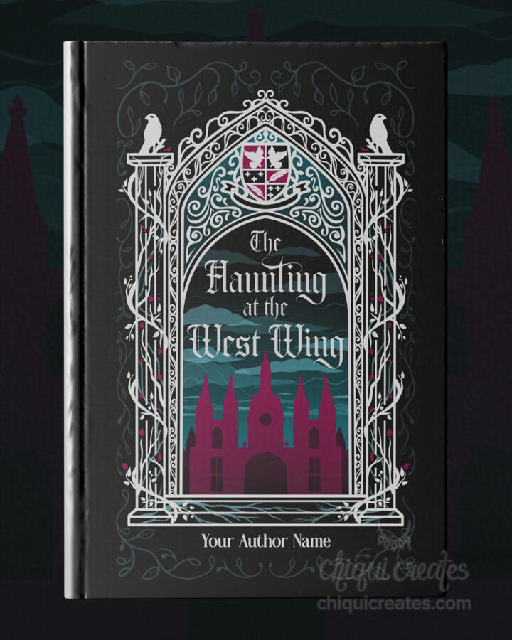 Dark academia themed book cover premade mockup. There is a castle, abbey, or old tower in red with green sky and clouds behind it. The placeholder text on top reads "The Curse of Damien Hall". The image is surrounded by a silver arc with a coat of arms in