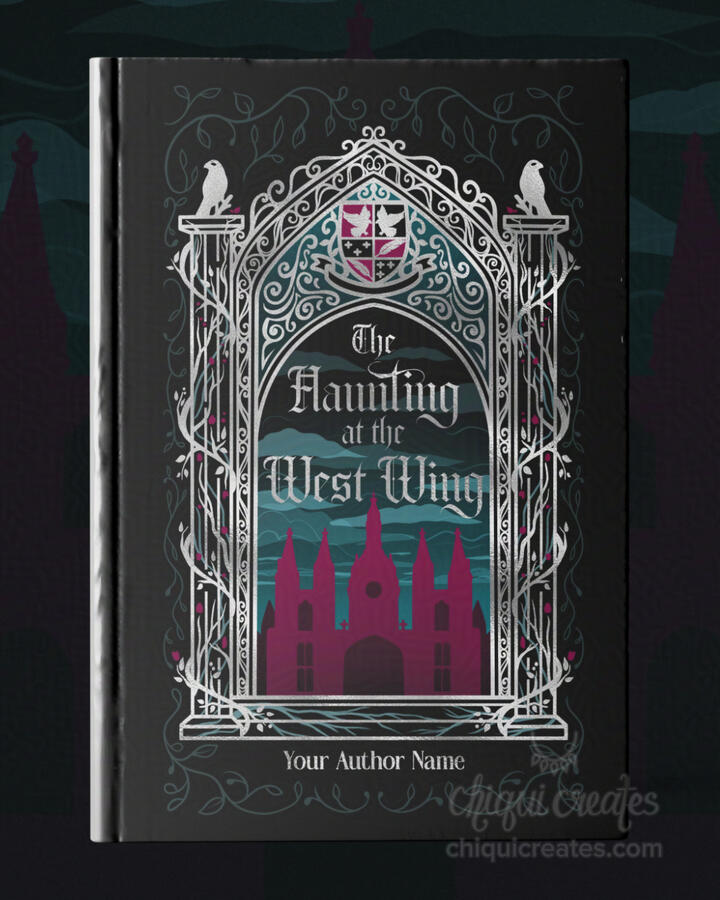 Dark academia themed book cover premade mockup. There is a castle, abbey, or old tower in red with green sky and clouds behind it. The placeholder text on top reads "The Curse of Damien Hall". The image is surrounded by a silver arc with a coat of arms in