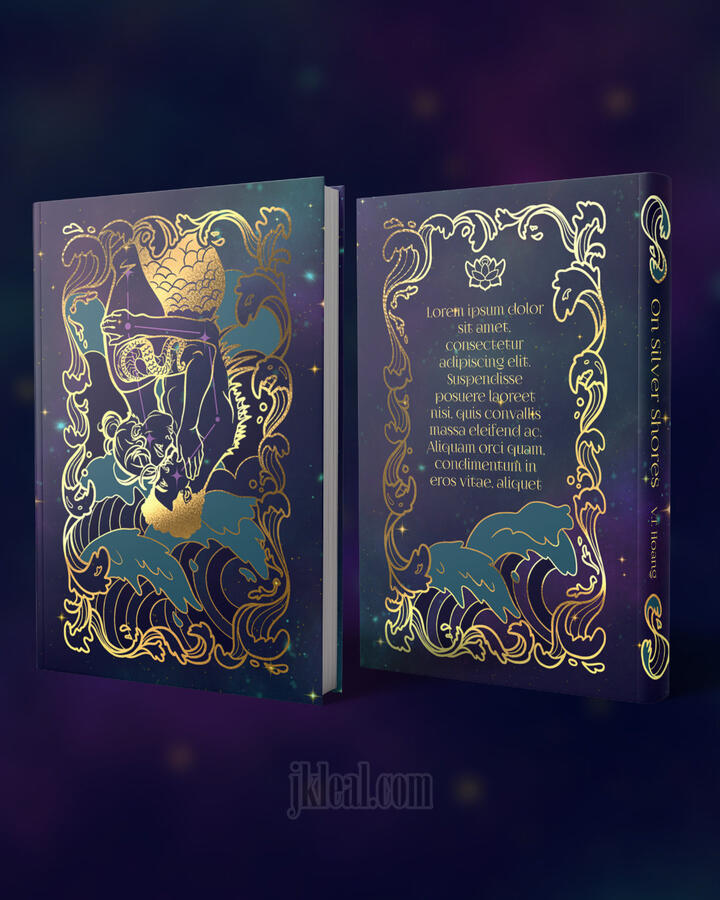Mockup of On Silver Shores special edition hard cover foil design for Rainbow Crate. On the left is a foiled cover of a merman and another man in an embrace and upside-down, with waves behind them and a wave pattern frame. On the right is the back of the h