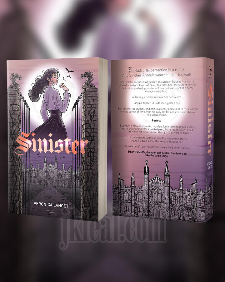 A book cover with an East-Asian woman in front of a full moon. Below her is a decrepit castle or abbey, and she is flanked by two columns and an open gate. The text in front and spine reads Sinister, Veronica Lancet. The back text is a summary of Veronica'