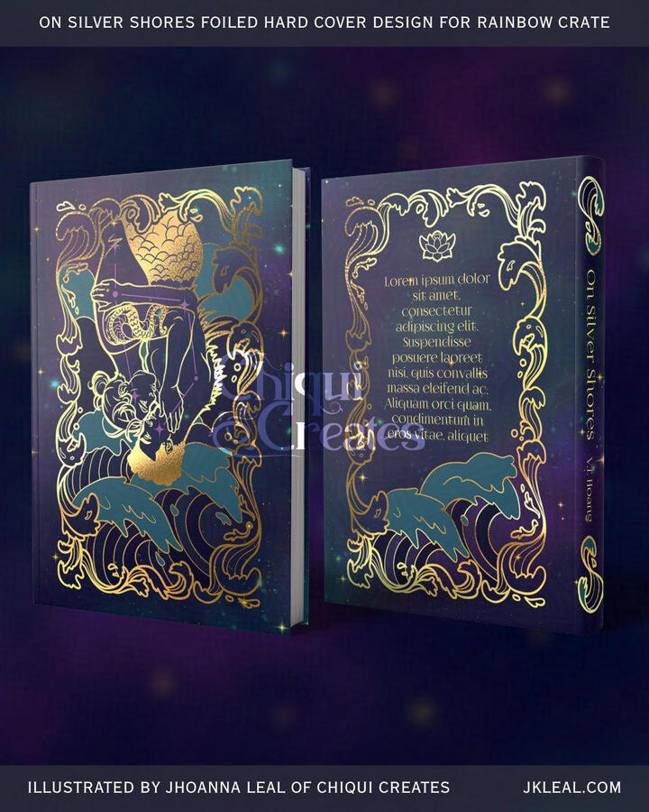 Mockup of On Silver Shores special edition hard cover foil design for Rainbow Crate. On the left is a foiled cover of a merman and another man in an embrace and upside-down, with waves behind them and a wave pattern frame. On the right is the back of the h