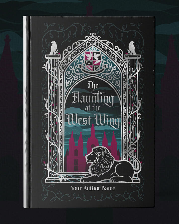 Dark academia themed book cover premade mockup. There is a castle, abbey, or old tower in red with green sky and clouds behind it. The placeholder text on top reads "The Haunting at the West Wing". The image is surrounded by a silver arc with a coat of arm