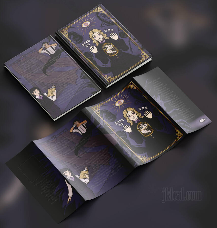 Special edition dust jacket mockup. The front features a trans man in a Victorian uniform holding up scraps of paper that spell out "Help Us" and "Run". Surrounding him are ghosts. The back features a man on the upper right with his hand over his eyes and