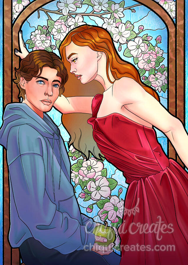 Stained glass art of Beau and Edith from Life and Death: Twilight Reimagined. Edythe is leaning forward and looking at Beau while Beau is sitting down and looking towards the camera. Behind them are apple blossoms.