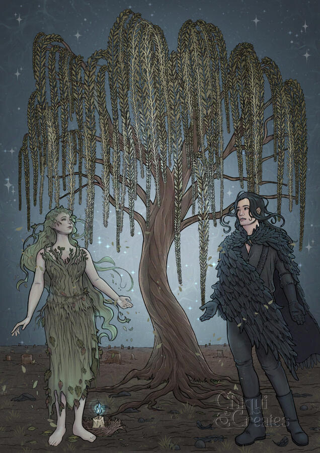 A half-plant, half-human woman and man with long hair and raven cape with feathers, with an oak tree in the middle of them. Behind them is a burned down forest and a starry sky.