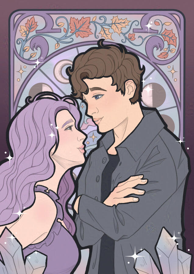 Couple illustration of a purple-haired woman smiling up at a brown haired man wearing a grey jacket. Behind them is an art-nouveau style background pattern with the phases of the moon, some stars and autumn leaves. in front of the couple are multicolored c