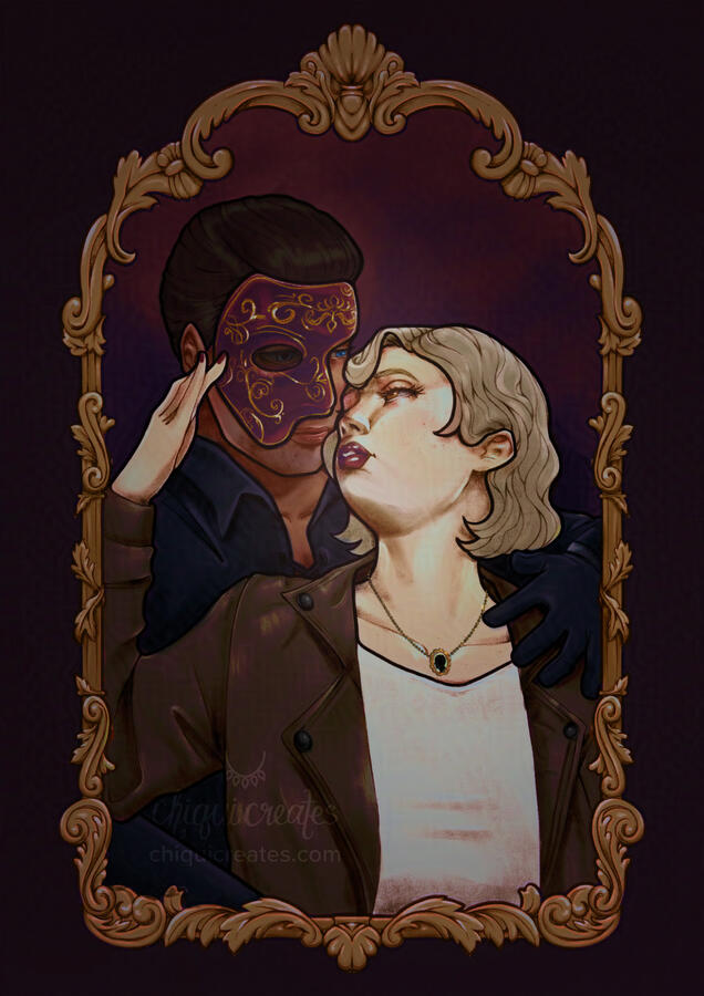 A couple portrait of a blonde woman looking up and touching the face of a man with blue eyes and a red mask. The man has his arm possessively around the woman. They are framed by an ornate, bronze frame.
