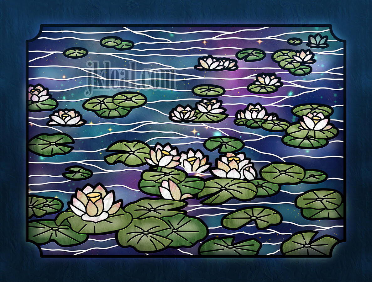 Stained glass look artwork of a pond of white lilies.