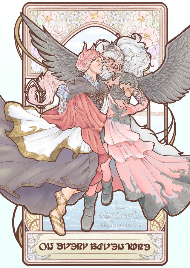 Couple fanart of my Warrior of Light miqote and G'raha Tia from FFXIV, in art noveau style. My Warrior of Light has a pink dress and wings and is holding a surprised G'raha by the waist. The background is flowers and also an ocean representing the Dawntrai
