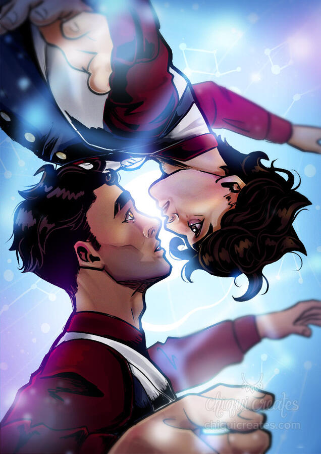 Fanart of Jayce and Viktor from Arcane. Jace is looking up at an upside-down Viktor and both of them are floating.