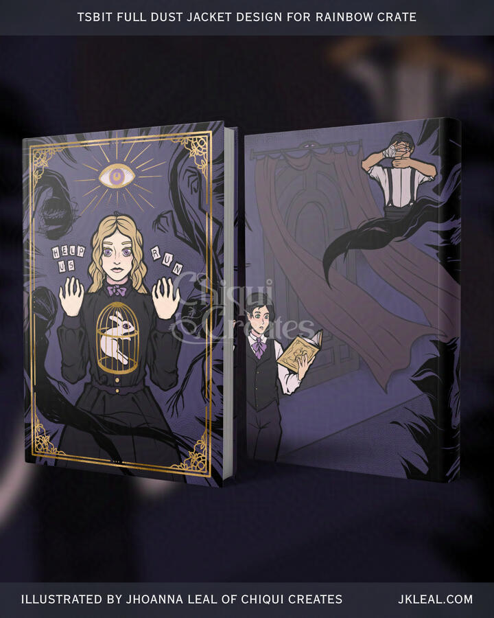 Special edition dust jacket mockup. The front features a trans man in a Victorian uniform holding up scraps of paper that spell out "Help Us" and "Run". Surrounding him are ghosts. The back features a man on the upper right with his hand over his eyes and