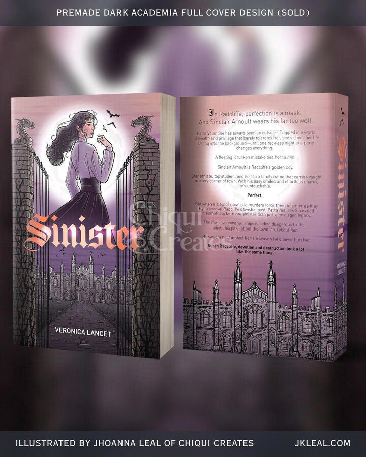 A book cover with an East-Asian woman in front of a full moon. Below her is a decrepit castle or abbey, and she is flanked by two columns and an open gate. The text in front and spine reads Sinister, Veronica Lancet. The back text is a summary of Veronica'