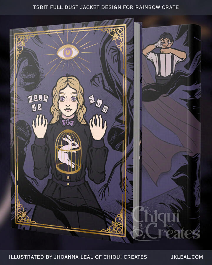 Special edition dust jacket mockup. The front features a trans man in a Victorian uniform holding up scraps of paper that spell out "Help Us" and "Run". Surrounding him are ghosts.