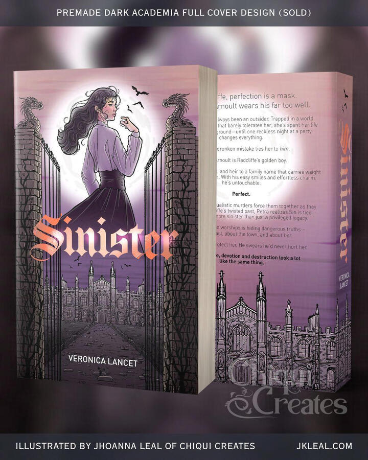 A book cover with an East-Asian woman in front of a full moon. Below her is a decrepit castle or abbey, and she is flanked by two columns and an open gate. The text in front and spine reads Sinister, Veronica Lancet.