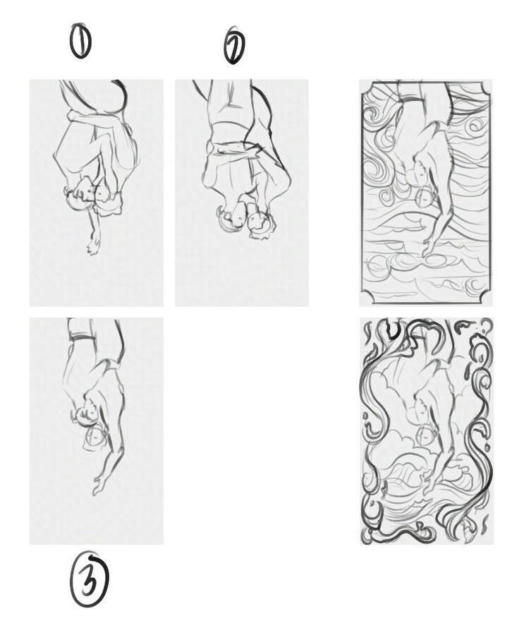 Thumbnail sketches for pose, and frame and background elements