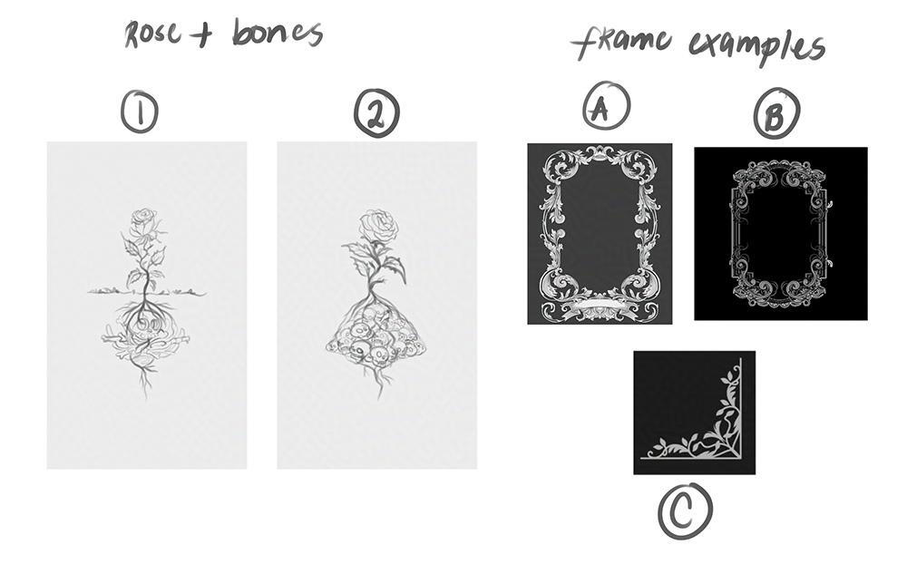 Thumbnail sketches for rose and skulls, and some frame cliparts to land the look and feel of the frame