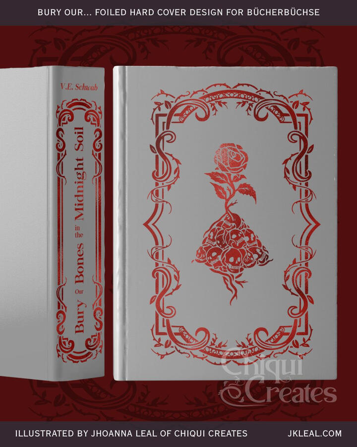 Close-up, final book colors for Bury Our Bones in the Midnight Soil by V.E. Schwab special hardcover edition for Bücherbüchse