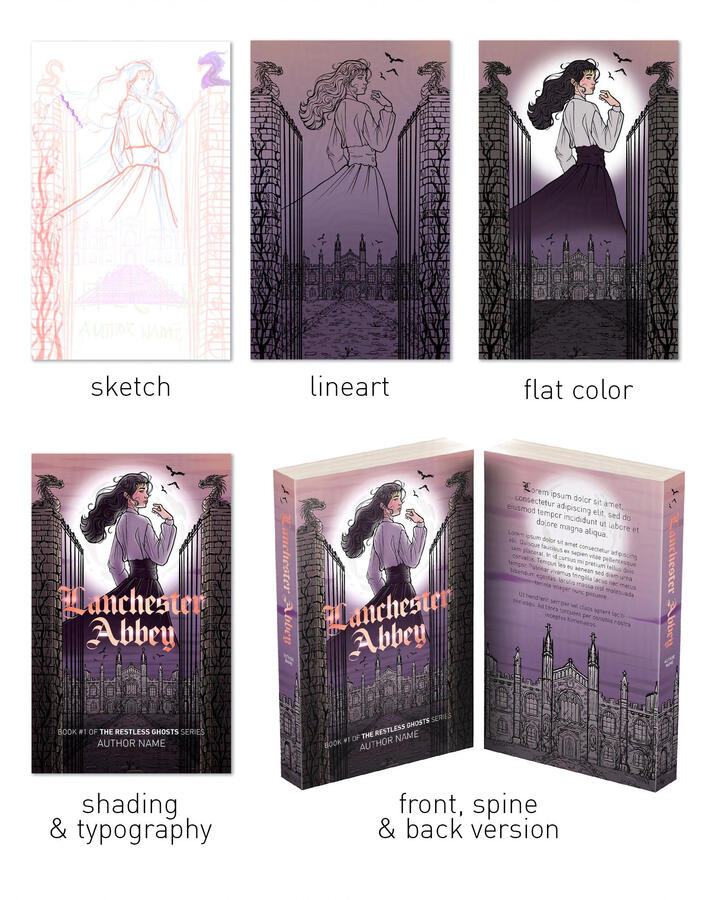 Text reads: sketch, lineart, flat color, shading and typography, front, spine and back cover.